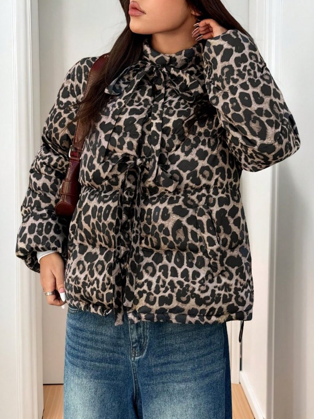 Brown Casual Women's Loose Fit Leopard Printed Padded Coat